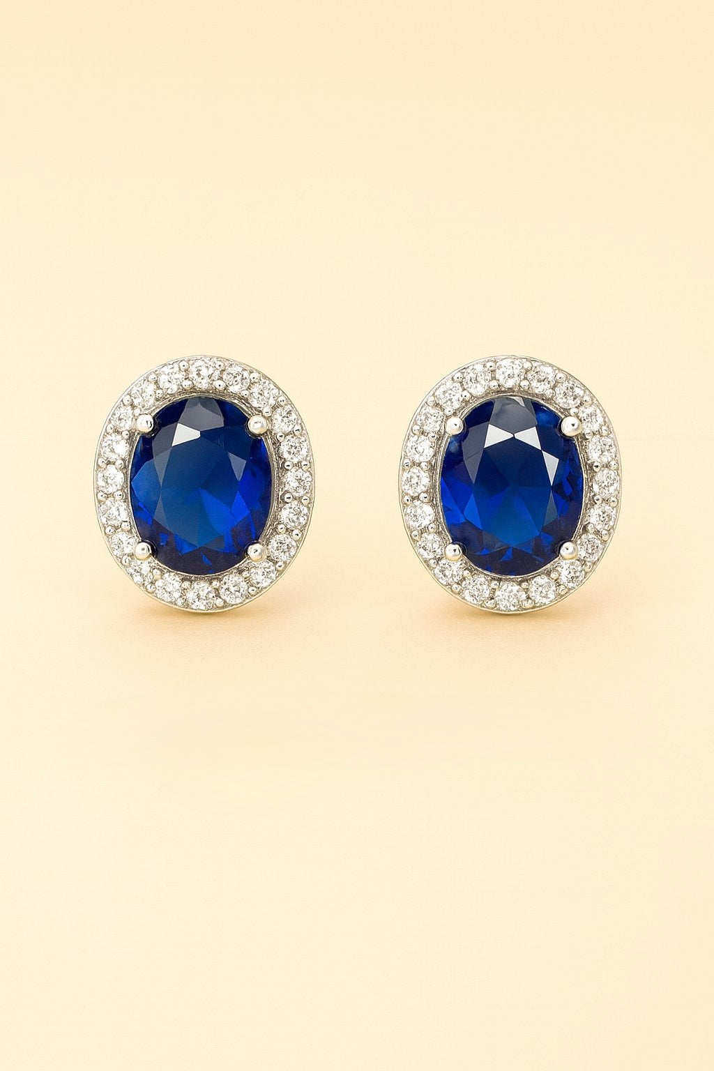 Silver Clear & Sapphire CZ Oval Stud Earings