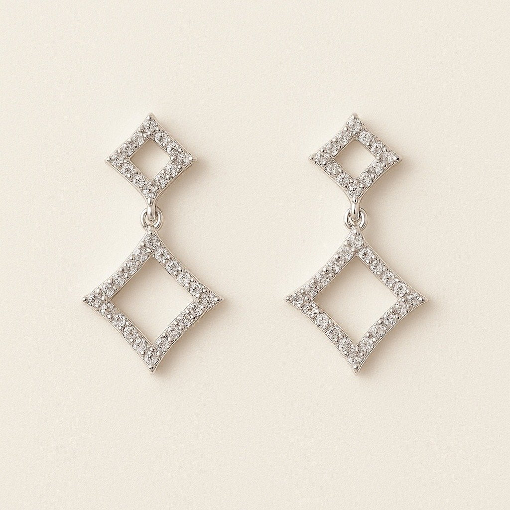 Sterling Silver CZ Geometric Drop Earrings – Double Diamond Design