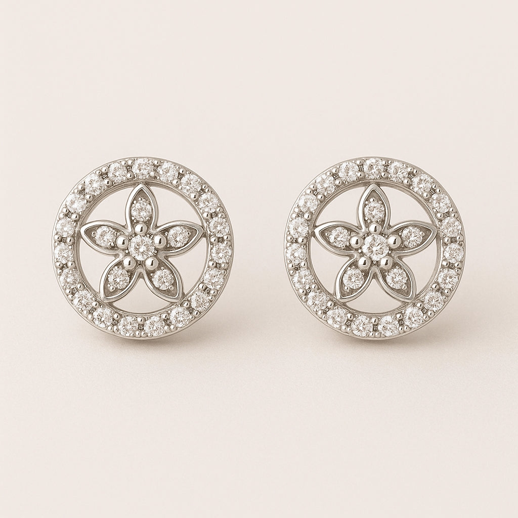 Sterling Silver Floral Halo Stud Earrings – Elegant Sparkle”