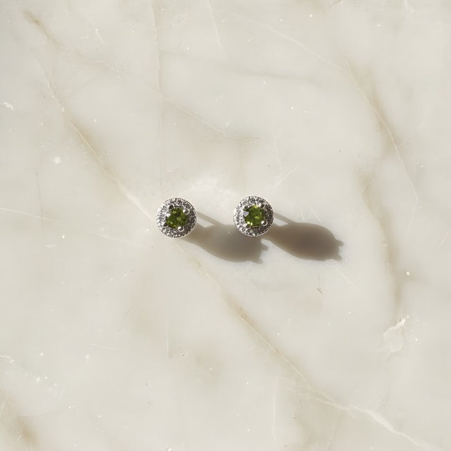 Sterling Silver Round Peridot Green Halo Stud Earrings