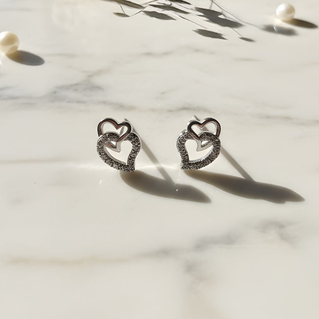 Elegant Sterling Silver Twin Heart Earrings with CZ Accents
