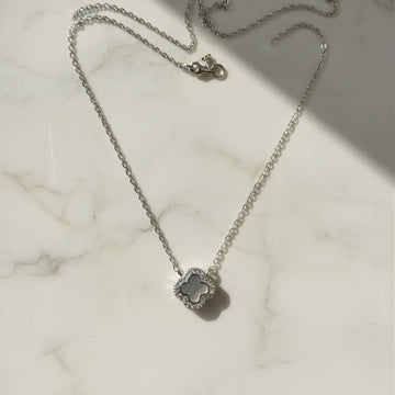 Sterling Silver Mother of Pearl Clover Necklace with Zirconia Halo