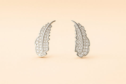 Elegant Sterling Silver Feather Earrings with CZ Crystals