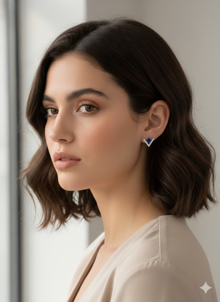 Modern V-Cut Earrings with Blue Center Stone – 925 Silver