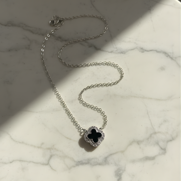 Sterling Silver Black Clover Necklace with CZ Halo