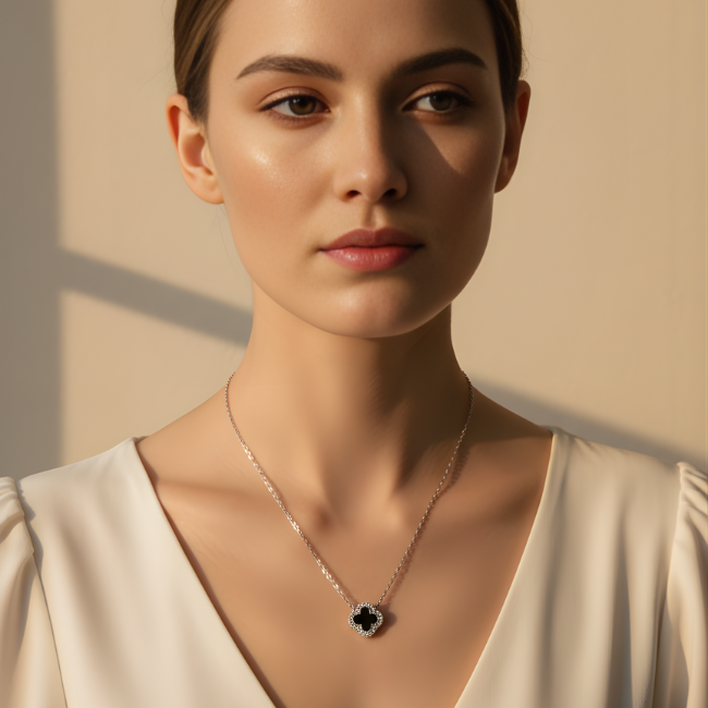 Sterling Silver Black Clover Necklace with CZ Halo