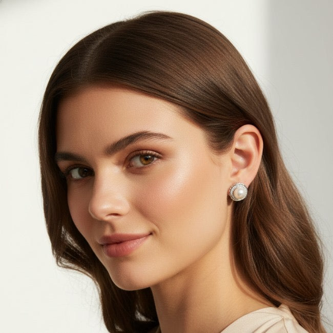 925 Sterling Silver Pearl Stud Earrings – CZ Halo Scallop Design