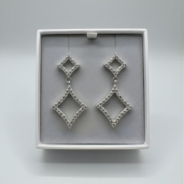 Sterling Silver CZ Geometric Drop Earrings – Double Diamond Design