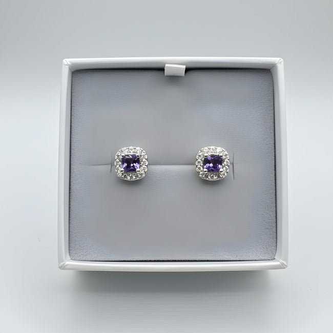 Sterling Silver Cushion-Cut Amethyst CZ Halo Stud Earrings