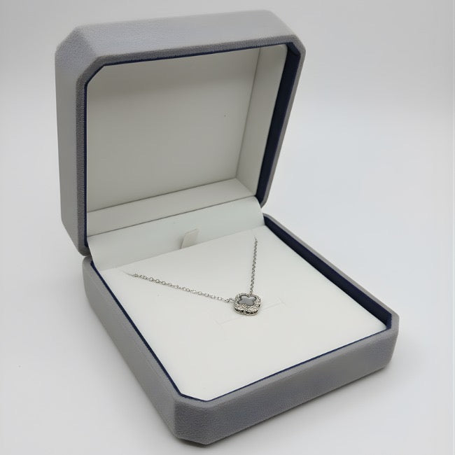 Sterling Silver Mother of Pearl Clover Necklace with Zirconia Halo