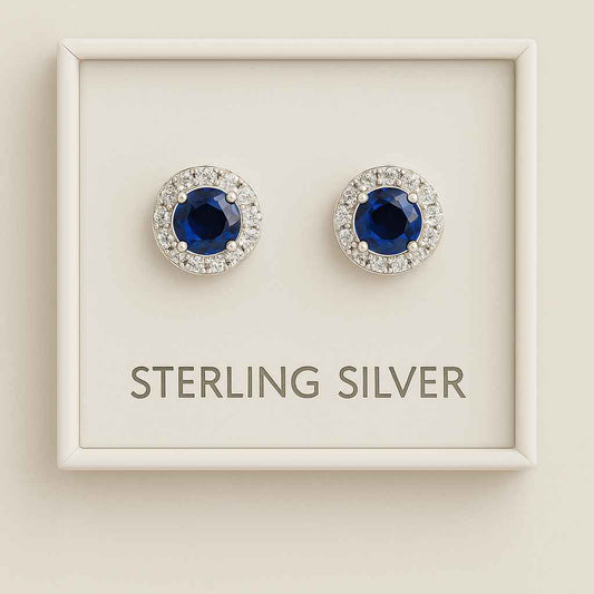 925 Sterling Silver Sapphire Halo Stud Earrings – Round Cut with CZ Accent