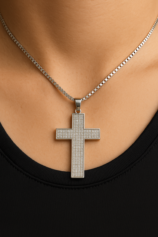 Cross Pendant with Clear Cubic Zirconia Stones 925 Sterling Silver with chain 18”