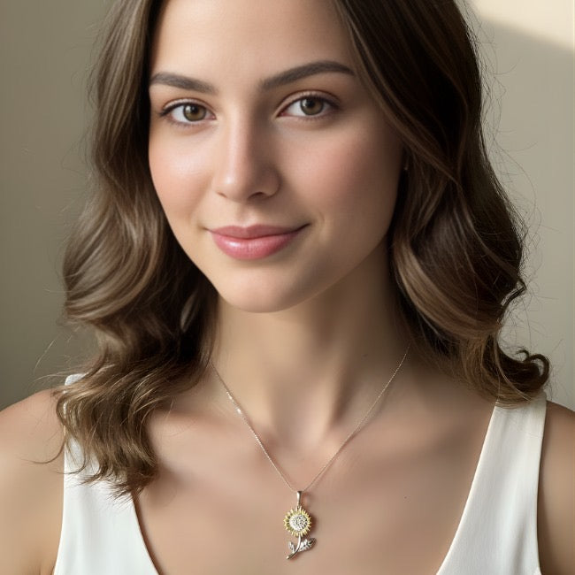 Two-Tone Sunflower Pendant Necklace with Pavé Crystal Center