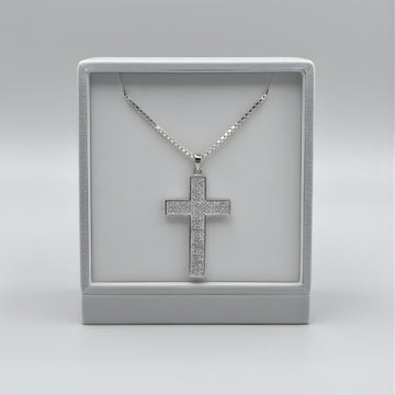 925 Sterling Silver Pave Cross Pendant Necklace with Box Chain
