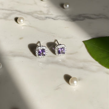 Sterling Silver Cushion-Cut Amethyst CZ Halo Stud Earrings