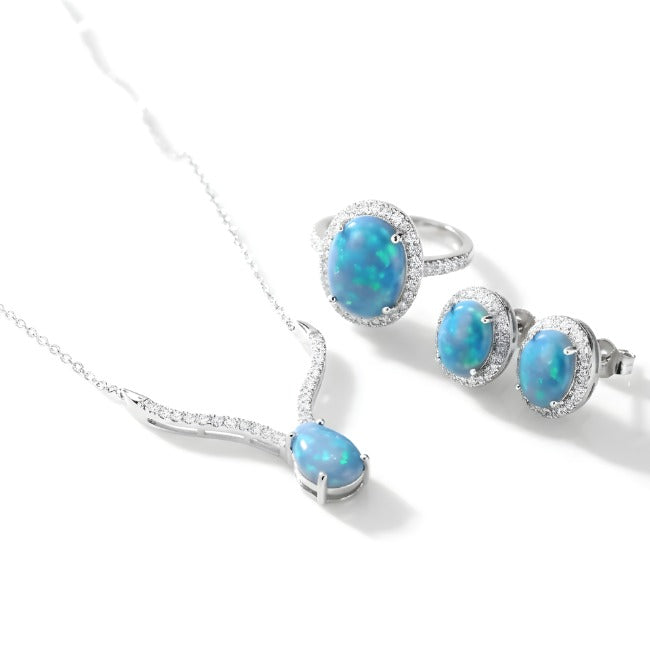 Luxury Blue Fire Opal & Halo Crystal Jewelry Set - 925 Sterling Silver (Necklace, Earrings & Ring)
