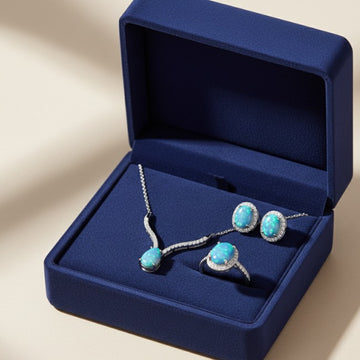 Luxury Blue Fire Opal & Halo Crystal Jewelry Set - 925 Sterling Silver (Necklace, Earrings & Ring)