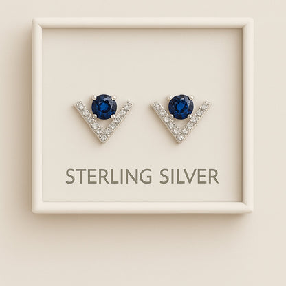Modern V-Cut Earrings with Blue Center Stone – 925 Silver