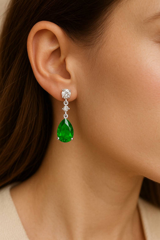 925 Sterling Silver Drop Earrings with Green Teardrop CZ – Elegant Dangle Design
