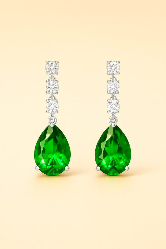 925 Sterling Silver Drop Earrings with Green Teardrop CZ – Elegant Dangle Design