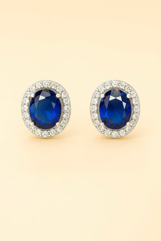 Silver Clear & Sapphire CZ Oval Stud Earings