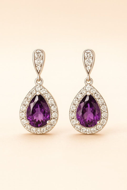 Royal Amethyst Teardrop Earrings with Diamond Halo in Sterling Silver