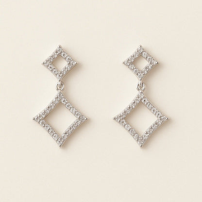 Sterling Silver CZ Geometric Drop Earrings – Double Diamond Design