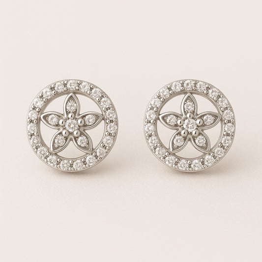 Sterling Silver Floral Halo Stud Earrings – Elegant Sparkle”