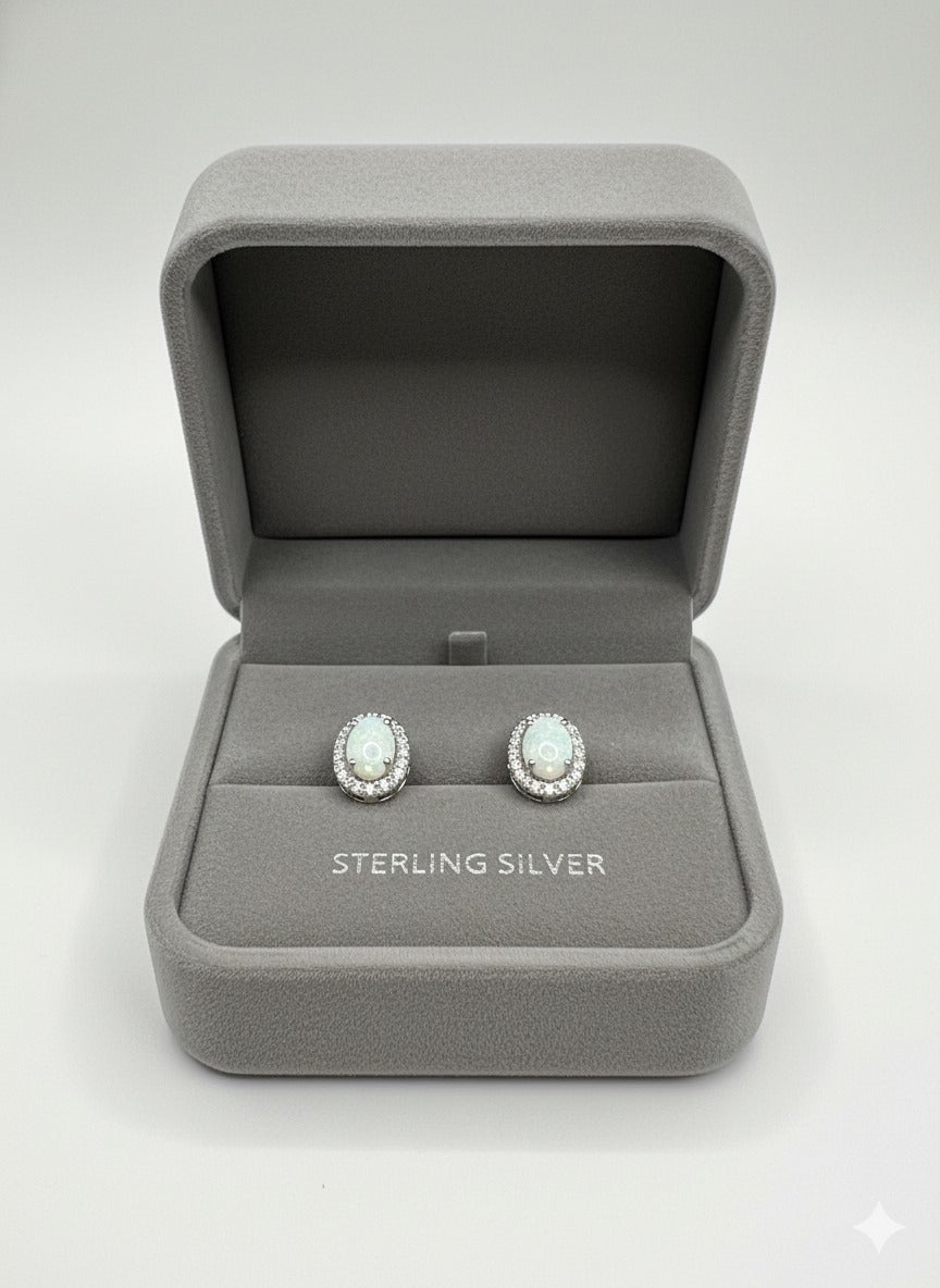 Silver Clear & Sapphire CZ Oval Stud Earings