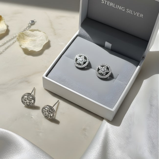 Sterling Silver Floral Halo Stud Earrings – Elegant Sparkle”